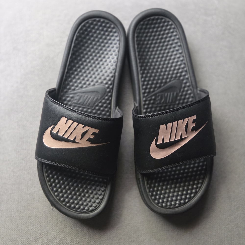 Nike Black Slides with Rose Gold Logo